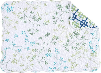 C&F Home Olivia Blue and White Floral Cotton Quilted Reversible Machine Washable Vintage Design Placemat Set 6 Scalloped Edges for Kitchen or Dining Table Rectangular Placemat Set of 6 White
