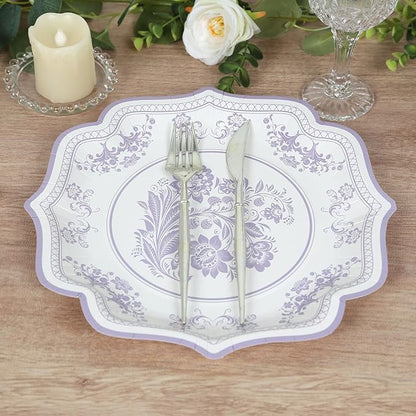 50 Pack 8" White Lavender Lilac French Toile Dessert Plates, Disposable Round Paper Floral Pattern Appetizer Salad Plates 300 GSM for Party Decoration