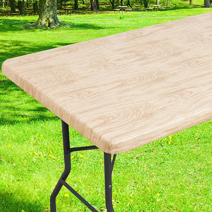 Smiry Rectangle Table Cloth Cover, Waterproof Elastic Fitted Picnic Tablecloth for 8 Foot Tables, Wipeable Flannel Backed Vinyl Tablecloths for Camping, Dining, Outdoor (Beige Wood, 30" x 96")