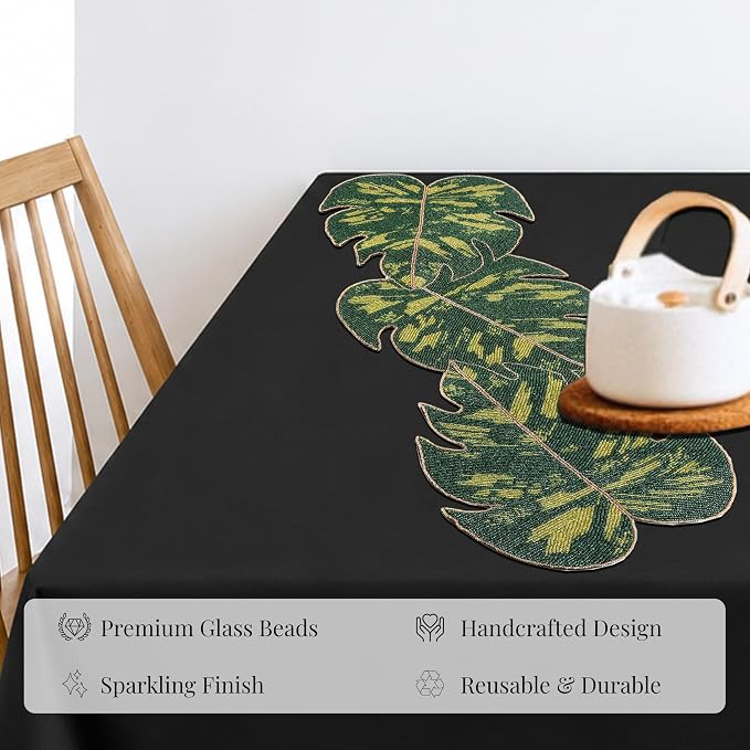 Monstera Leaf Beaded Table Runner 13 x 36 Inch, Handmade Glass Bead Runner - Image 7