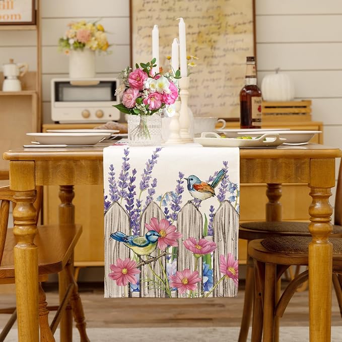 Summer Garden Floral Table Runner Rustic Birds Burlap Table Runners, Spring - Image 3