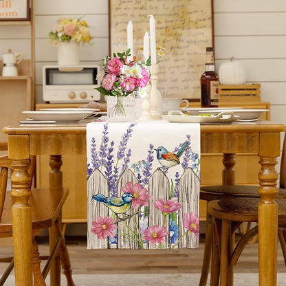 Summer Garden Floral Table Runner Rustic Birds Burlap Table Runners, Spring - Image 3