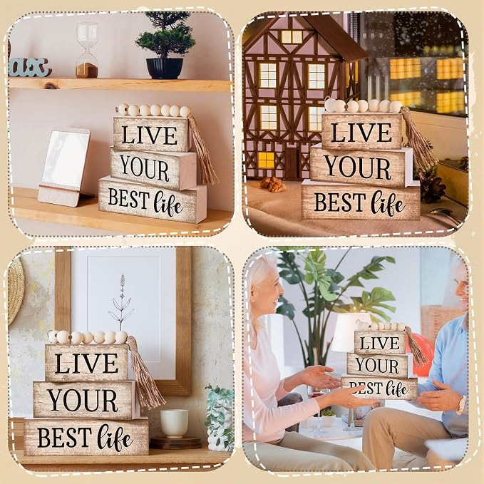 Moucuny 4 Pcs Farmhouse Table Decor Inspirational Wooden Signs Rustic Beaded - Image 4
