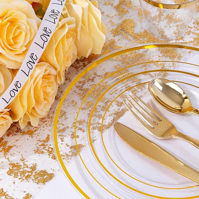 bUCLA 300Pcs Clear Gold Plastic Disposable Dinnerware Set - Image 8