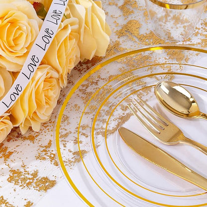 bUCLA 300Pcs Clear Gold Plastic Disposable Dinnerware Set - Image 8