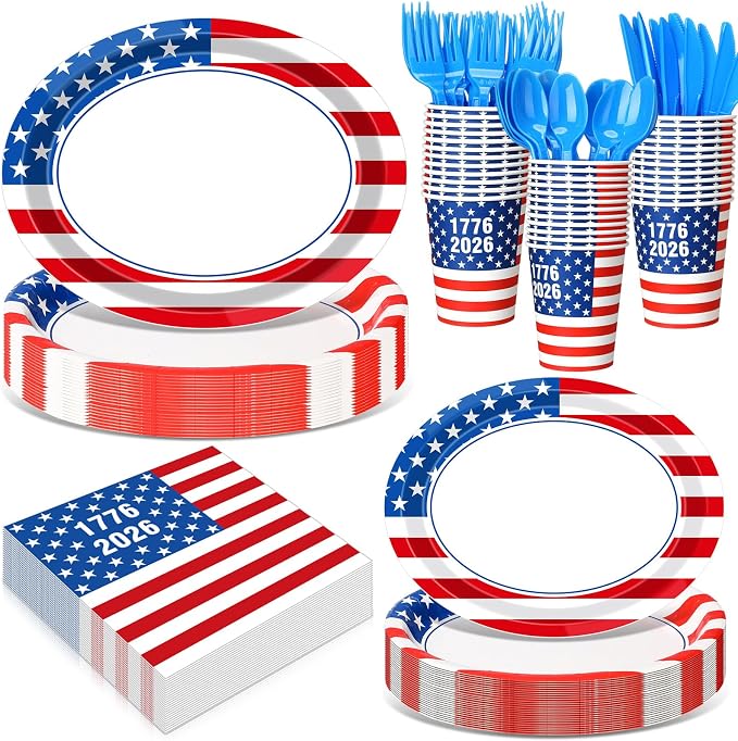 350 Pcs 4th of July Party Decorations 12 inch Disposable Patriotic Oval Plates by Pajean
