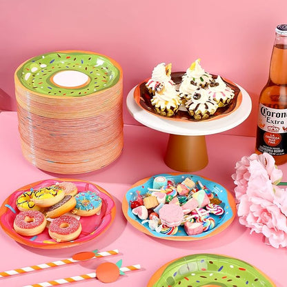 Huwena 200 Pcs Donut Paper Plates 7" Disposable Donut Party Plates Colorful Cute Serving Trays Snack Platter for Theme Birthday Assorted Designs Party Supplies