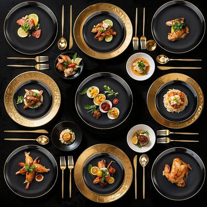 bUCLA 150PCS Black and Gold Plastic Plates - Black Gold Plastic Dinnerware Set Disposable - Include 25 Dinner / 25 Dessert Plates, 25 Knives, 25 Forks, 25 Spoons, 25 Cups, Ideal for Party & Birthday