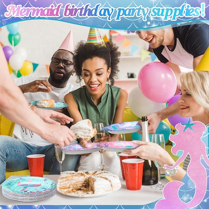 60 Pcs Mermaid Birthday Party Decor 7 Inch Mermaids Dessert Paper Plates Under the Sea Disposable Dinner Cake Plates Princess Shell Dinnerware for Ocean Baby Shower Party Supplies