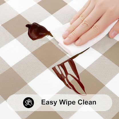 Smiry Rectangle Picnic Table Cloth, Elastic Waterproof Fitted Vinyl Tablecloths, Flannel Backed Buffalo Plaid Table Covers for Dining, Camping, Outdoor (White and Khaki, 30" x 60")