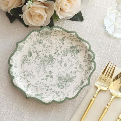 50 Pack 8" Sage Green Dessert Plates in French Toile Floral Pattern, Disposable Round Paper Appetizer Salad Plates 300 GSM for Party Decoration