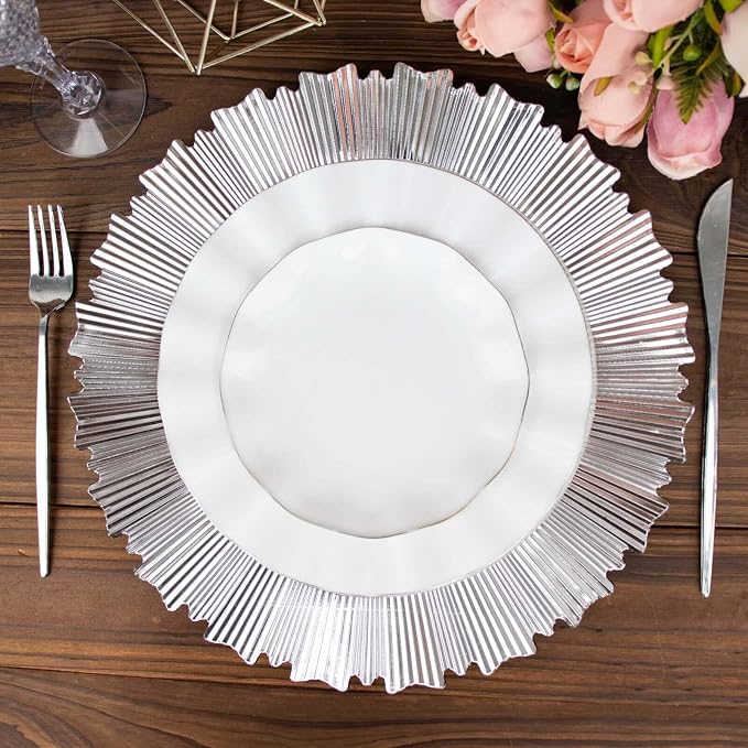 Efavormart 6 Pack | 13" Metallic Silver Sunray Acrylic Plastic Serving Plates - Image 8