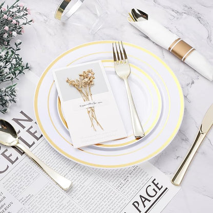 BESTVIP 175PCS Gold Plastic Dinnerware Set, Disposable Party Plates for 25 Guests, Include: 50 Plastic Plates, 25 Pre Rolled Napkins with Gold Silverware, 25 Cups for Christmas, Halloween