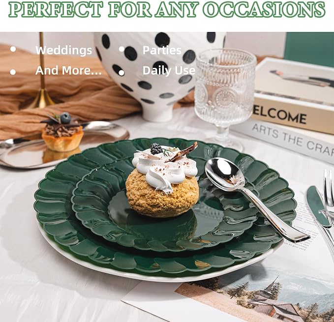 Lullaby 60PCS Green Scalloped Plastic Plates, Disposable Plates - Image 5