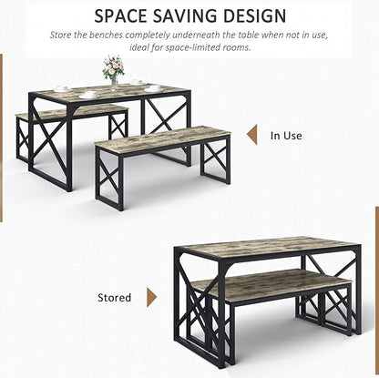 VECELO Kitchen Dining Table Sets for 6, 55" Wood Dinette 2 Benches with Metal Frame for Dinner Breakfast Nook and Small Space, Grey