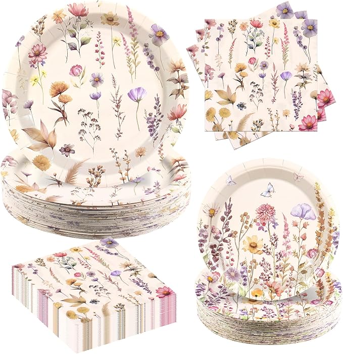 Vintage Wildflower Paper Plates Napkins party Supplies, Serve 60 | 180 Pcs by Osonm