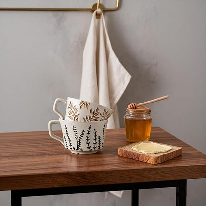 4 Pack 12oz Embossed Leaf Ceramic Coffee Mugs, Vintage Speckled Stoneware Tea - Image 4