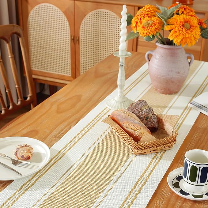 Gold Table Runner with Tassels, 72 Inches Long Farmhouse Macrame Cotton Linen - Image 4