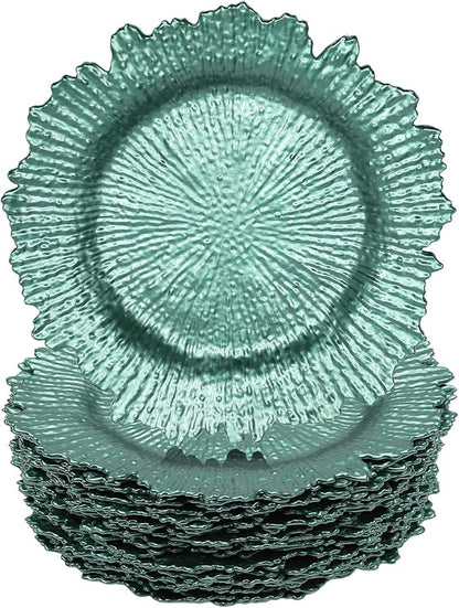 LOYALHEARTDY 24 Pack 13 Inch Green Charger Plates, Plastic Reef Textured Rim Round Decorative Underplates for Wedding, Party, Dinner Table