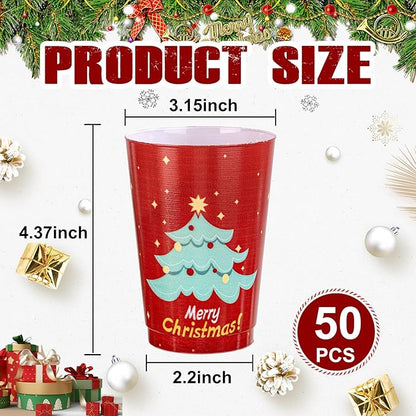 I00000 50Pcs 12oz Christmas Tree Design Christmas Plastic Cups, Premium Disposable Cups Cocktail Cup, Red Xmas Party Cup with Star Pattern Design, Perfect for Xmas Party