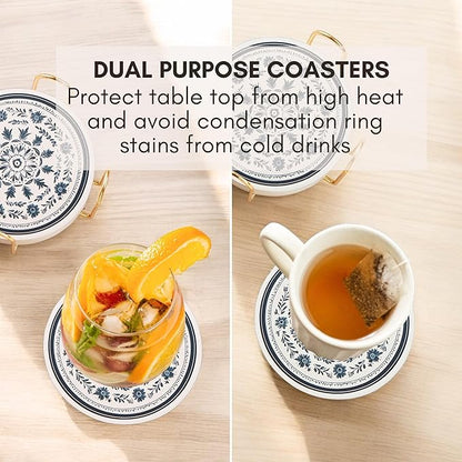 Ceramic Absorbent Mandala Coasters Set of 6 with Holder, Marble Drink Coasters for Coffee Table, Water-Absorbing Stone Coasters (Zen)