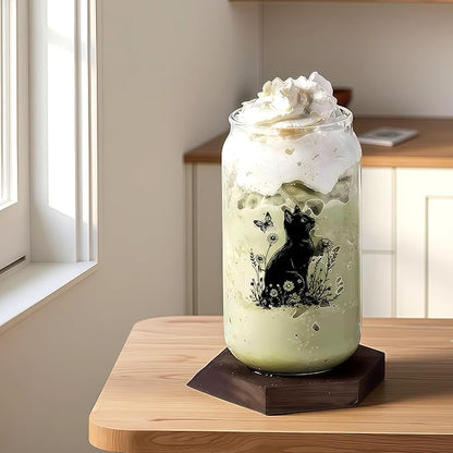 Cute Black Cat Glass Cup With Lids And Straws, Black Cat Gift For Women, Iced, Coffee, Smoothie, Cocktail, Beer, Whiskey, Soda, Matcha,16 Oz, Home Office Table Desk Decoration!