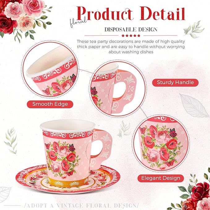 Nuogo 200 Pcs Floral Paper Tea Cups and Saucers 7 oz Disposable Paper Teacups - Image 2
