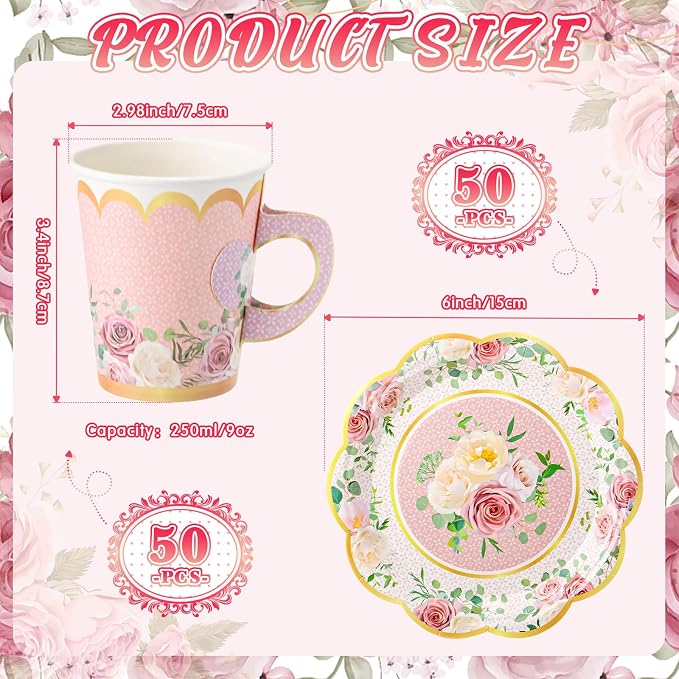 Tioncy 100 Pcs Tea Party Decorations Include 50 Pieces 9 oz Paper Tea Cups - Image 2