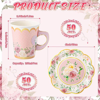 Tioncy 100 Pcs Tea Party Decorations Include 50 Pieces 9 oz Paper Tea Cups - Image 2