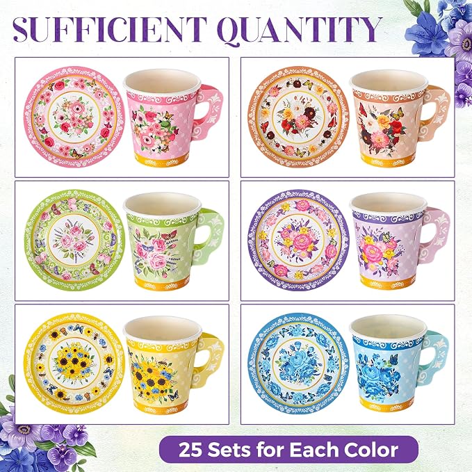 Nuogo 300 Pcs Floral Paper Tea Cups and Saucers 7 OZ Disposable Cups - Image 4