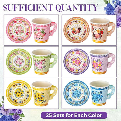 Nuogo 300 Pcs Floral Paper Tea Cups and Saucers 7 OZ Disposable Cups - Image 4
