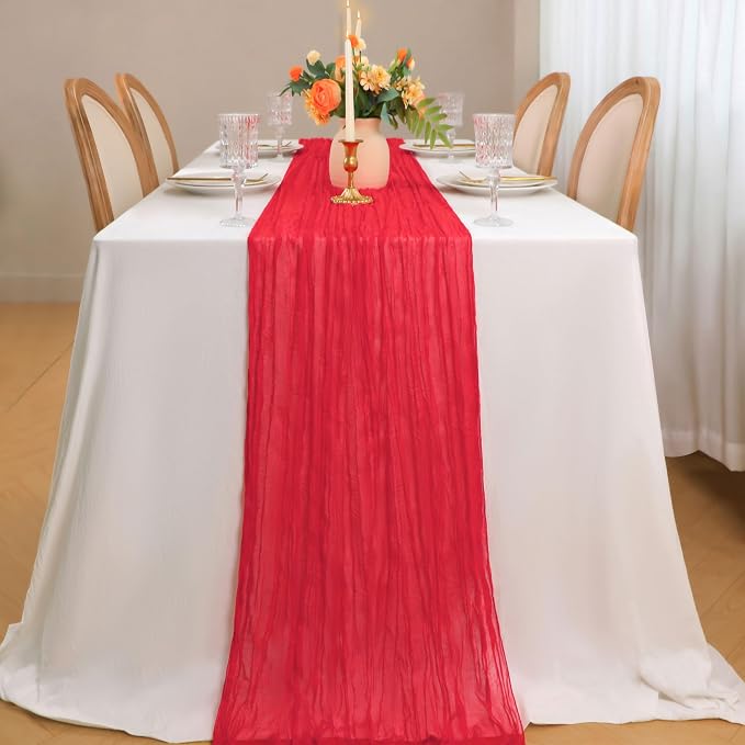 Snowkingdom 10 Ft Red Valentine's Day Cheesecloth Table Runner, 120 inch Long - Image 6
