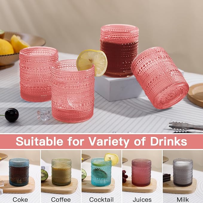 JOVGANK Pink Vintage Hobnail Drinking Glasses Set of 6, Embossed Water Tumbler - Image 5