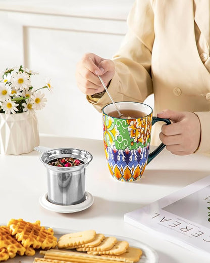 vancasso Ceramic Tea Mug with Infuser and Lid, 18 Ounce Bohemian Loose Leaf Cup, Microwave & Dishwasher Safe, Perfect for Tea, Coffee, Lime-Green Fiesta