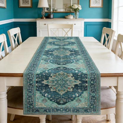 OYIMUA Boho Floral Pattern Summer Table Runner 72 Inches Long Teal and Blue - Image 2