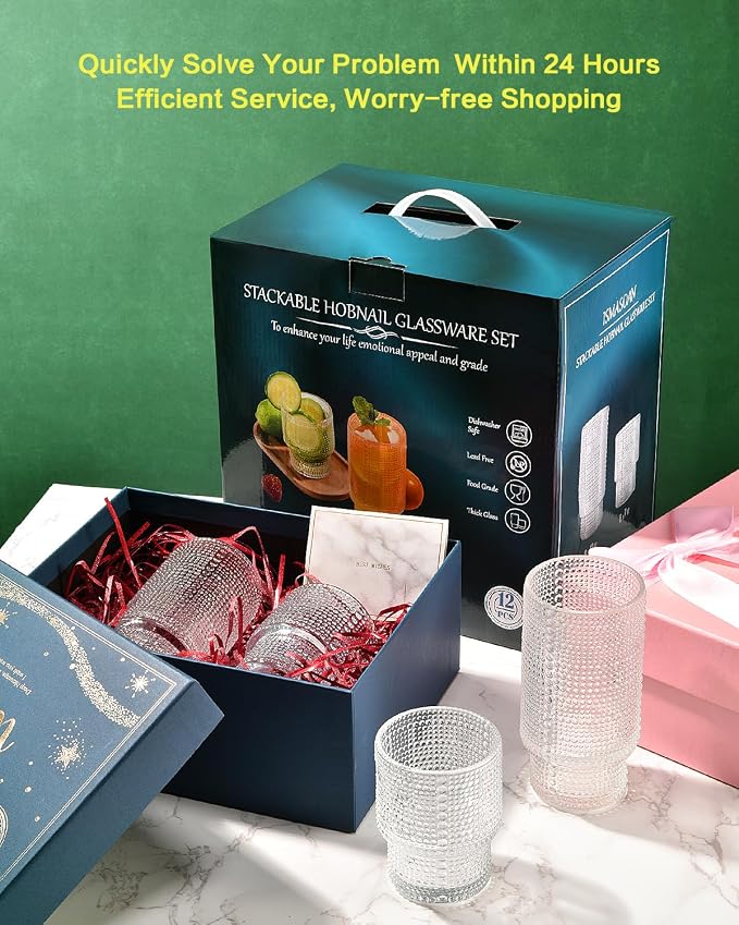 ISMASOAN Hobnail Drinking Glasses Set of 12, Stackable Glasses 12 oz & 7 oz | - Image 7