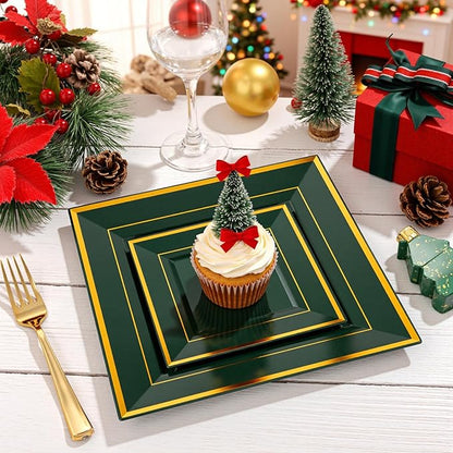 Liacere 100PCS Green and Gold Square Plastic Plates-50PCS Heavy Duty 9.5inch Disposable Dinner Plates and 50PCS 6inch Green Dessert Plate - Gold Plastic Plate for Party&Wedding&Christmas