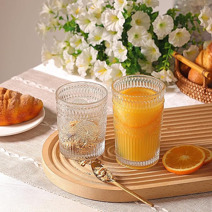 Moretoes Vintage Drinking Glasses Set of 12, Textured Striped Glass Cups | - Image 5