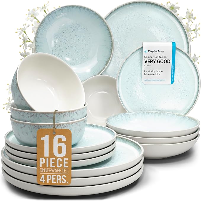 Stoneware dinnerware set 4 persons 16 pcs – Modern style plates and bowls set by PURELIVING