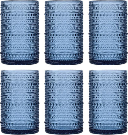 Moretoes 15oz Blue Vintage Hobnail Drinking Glasses Set of 6 | Highball Glass by Moretoes