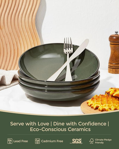 16 Piece Double Bowl Dinnerware Sets with Pasta Bowls, Highly Chip and Crack Resistant Plates and Bowls Sets, Natural Earthyware Ceramic Dishware Sets, Service for 4 Blackish Green