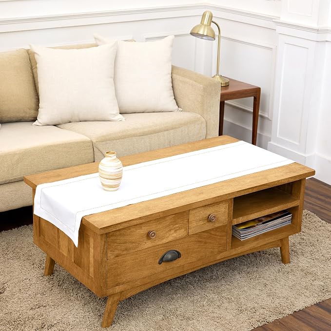 Solino Home 100% Pure Linen Dining Table Runner White Hemstitch, 14 x 60 in | by SolinoHome
