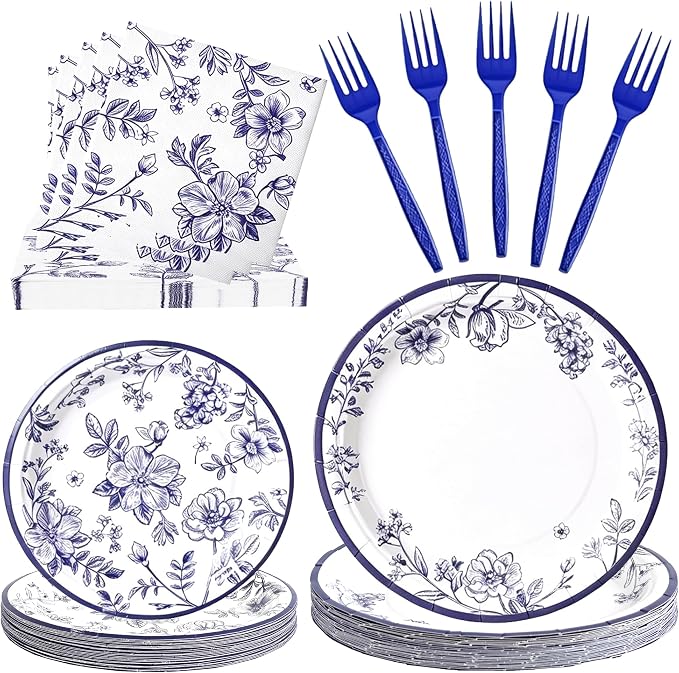 100 Pcs Disposable Blue and White Floral Tableware Set by Unknown