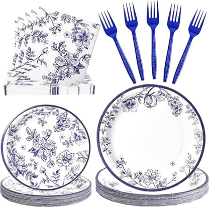 100 Pcs Disposable Blue and White Floral Tableware Set by Unknown