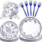 100 Pcs Disposable Blue and White Floral Tableware Set by Unknown