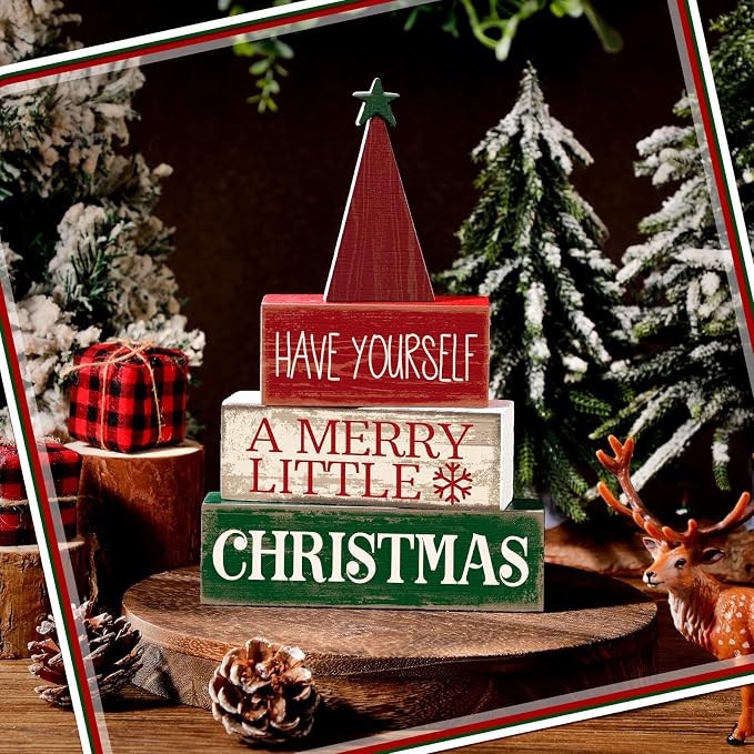 Moucuny 4 Pcs Christmas Decor Wooden Christmas Tree Winter Tiered Tray Decor - Image 2