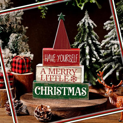 Moucuny 4 Pcs Christmas Decor Wooden Christmas Tree Winter Tiered Tray Decor - Image 2
