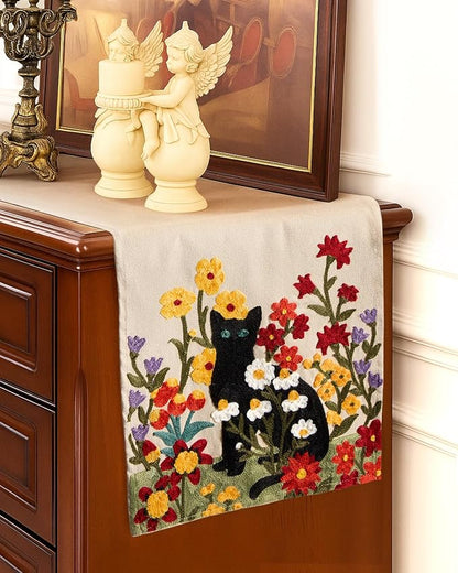 Canvas Embroidered Narrow 13"x 72" Table Runner, Cat in Flower | Exquisite - Image 5