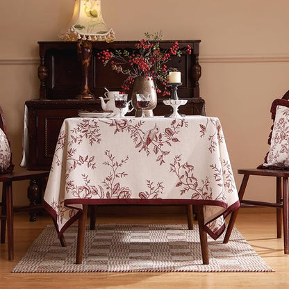 ISAENNE Designer Vintage Linen Extra Long Rectangle Tablecloth,Red Floral Pattern Linen Stain Resistant Table Cloth,Decor Tablecloths for Dining Thanksgiving Kitchen Party,67"*118"-Harmony