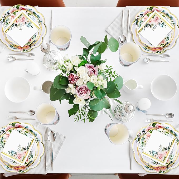 Whaline 100Pcs Pink Floral Paper Tableware Set Spring Flower Gold Foil - Image 5